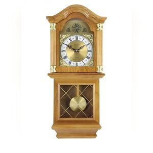 Bedford Clock Collection 26" Chiming Pendulum Wall Clock, Golden Oak, Read Desc*